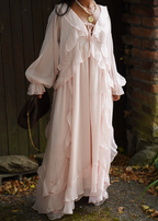 Robe longue rose fluide à volants bohème