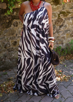 Robe longue asymétrique à motif zébré marron et blanc
