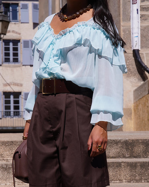 Blouse fluide à volants bleu