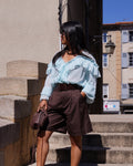 Blouse fluide à volants bleu