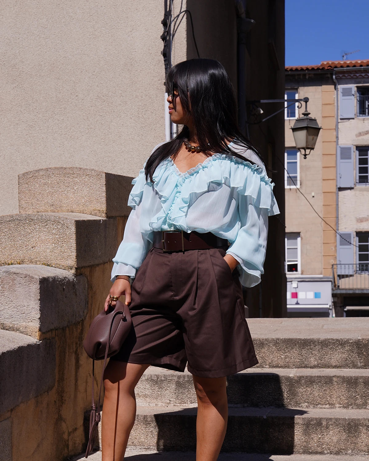 Blouse fluide à volants bleu